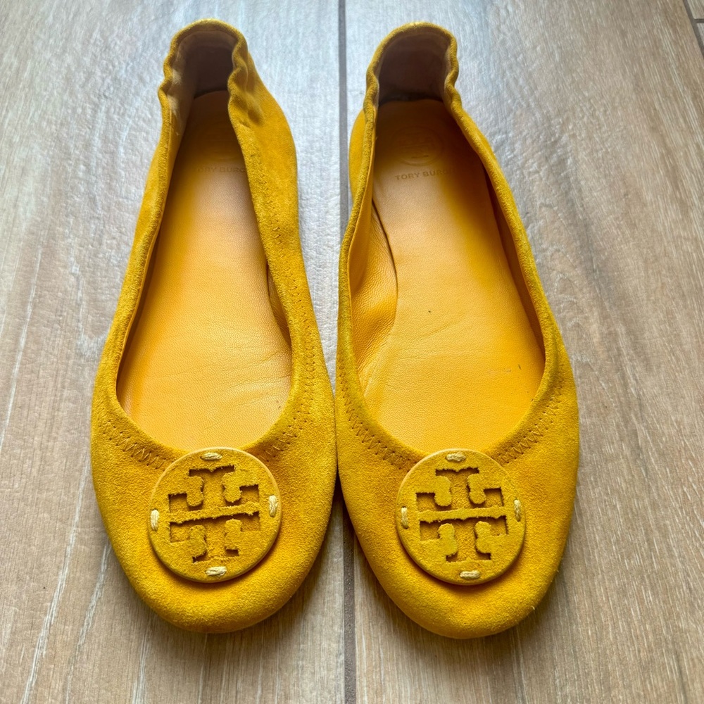 Tory Burch Mustard Yellow Suede Minnie Travel Ballet Flats